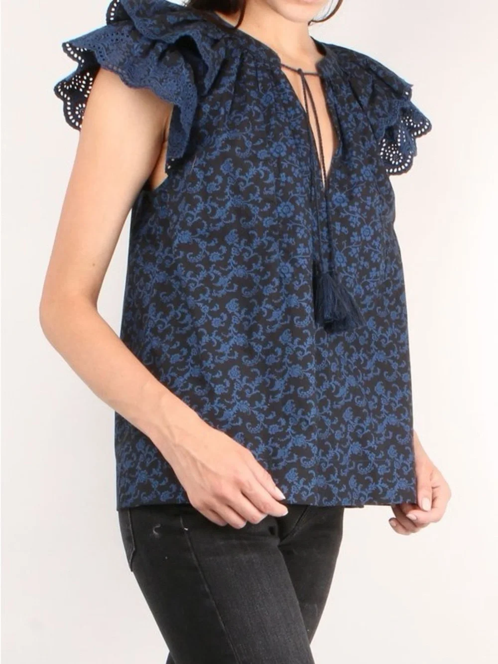 Ulla Johnson Elm Top-Navy & Blue Floral Tassel Tie-Front Blouse Retail $245
